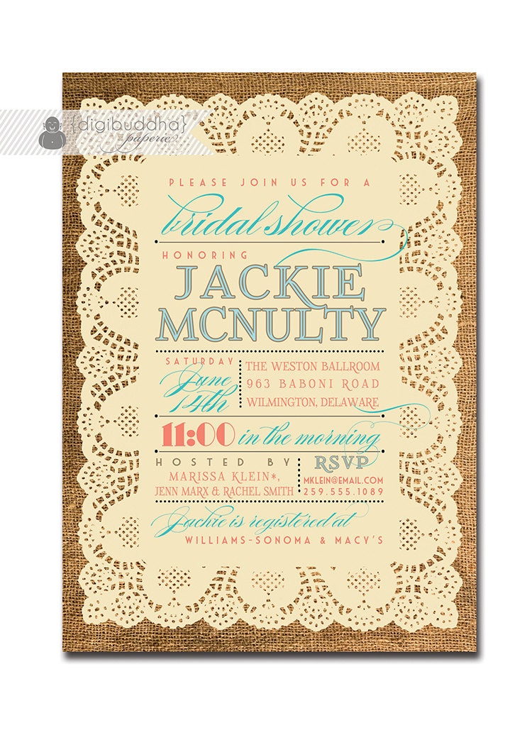 Lace Burlap Bridal Shower Invitation Vintage Rustic Coral & Turquoise Text Wedding Shower Invitation Digital or Printed - Jackie Style
