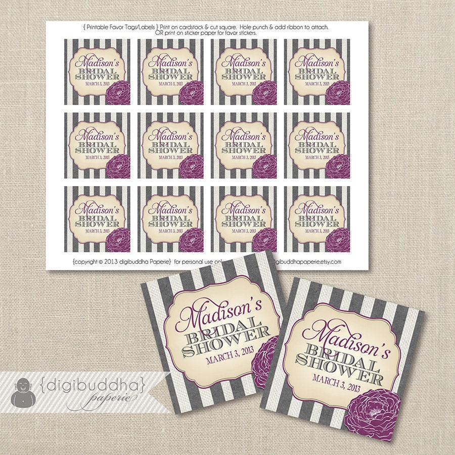 Purple & Gray Favor Tags Flower Bloom Striped Bridal Shower Baby Shower Thank You Tags 2.25" Square DIY Printable or Printed - Madison Style