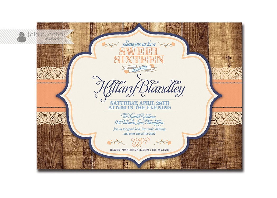 Sweet 16 Birthday Invitation Lace Burlap Shabby Chic Rustic Typography Sixteen Coral Navy Blue Printable DIY or Printed - Hillary Style