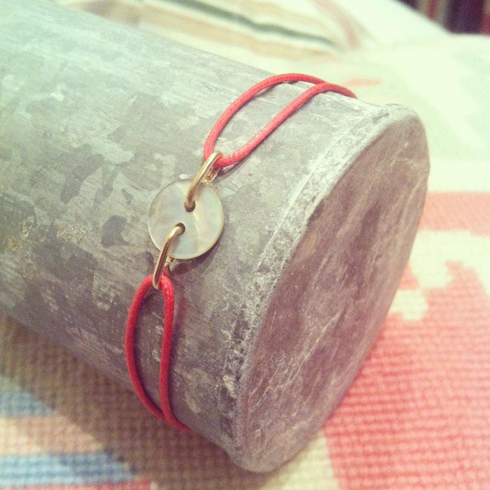 Coral cord festival friendship bracelet made with 14k gold and Mother of pearl button