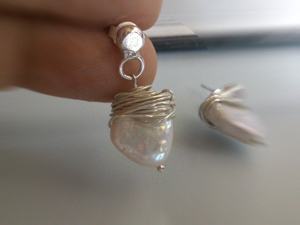 Heart Shaped Pearl Earrings - Small Drop Earing - Messy Wrapped Sterling Silver Wires - White Fresh Water Pearls