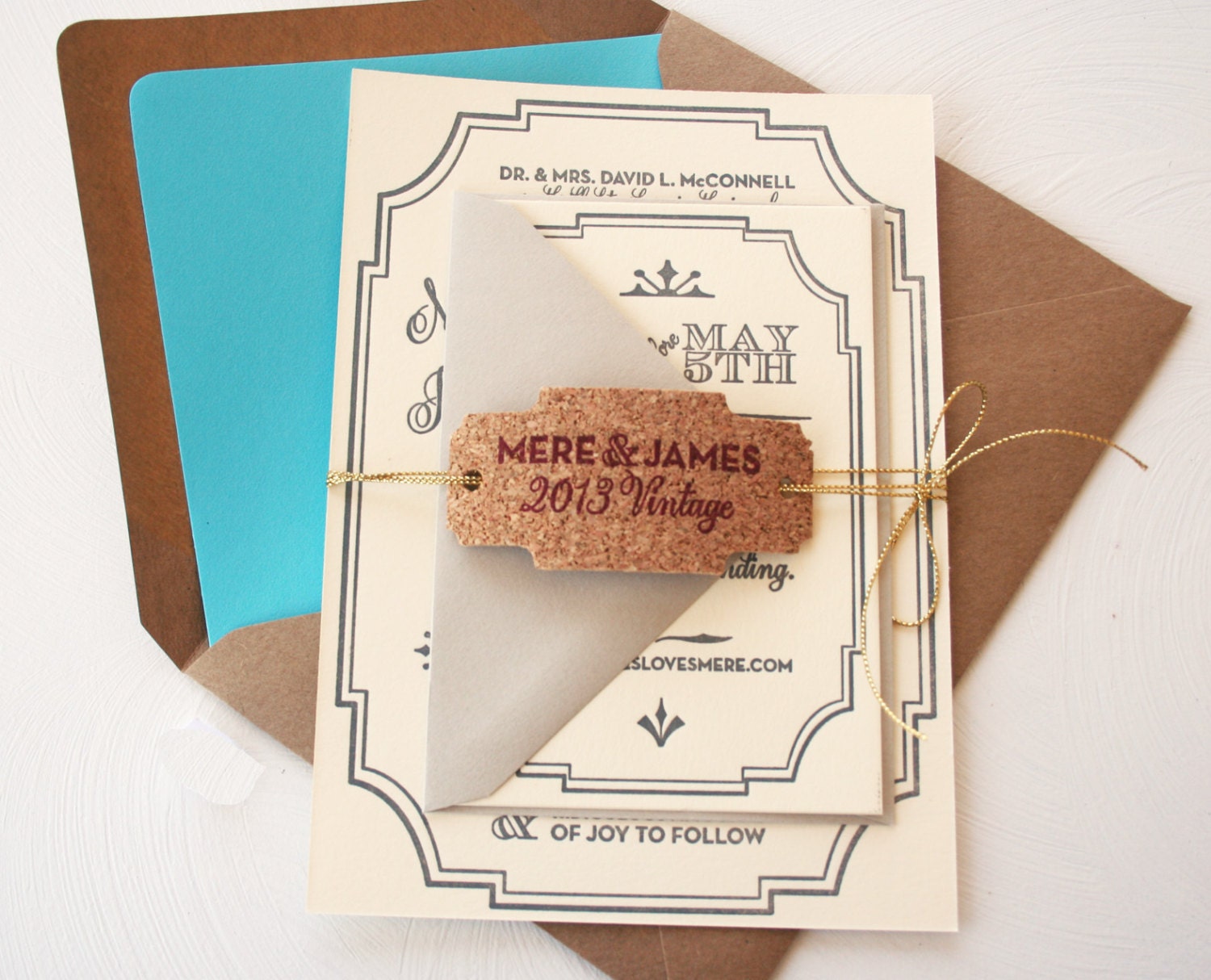 Vintage Deco Gatsby Letterpress Wedding Invitation, Grey, Cream, Kraft Paper, Cork, Rustic