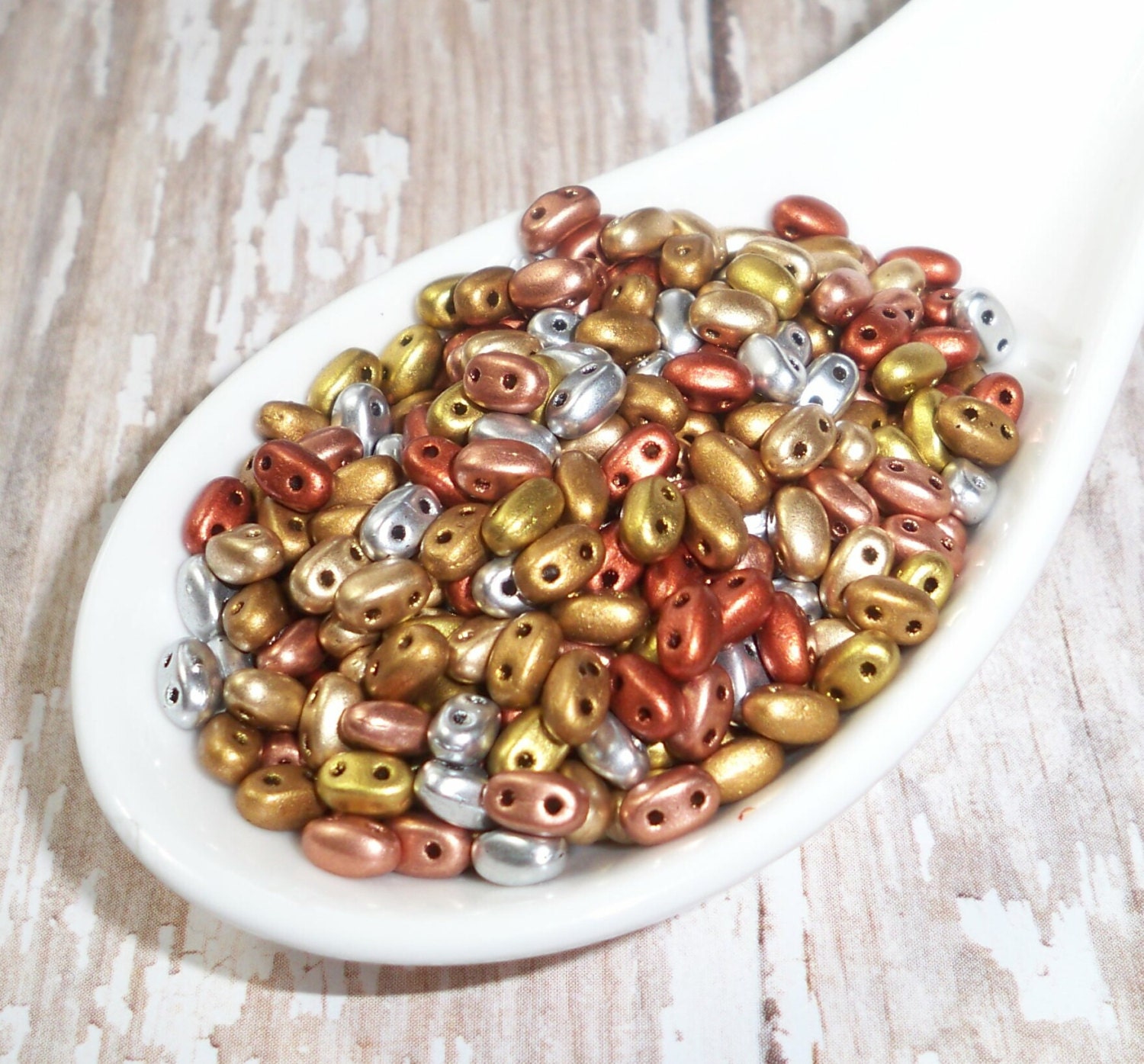 Superduo 2.5x5mm Czech Glass 2 Hole Bead Mix Gold Silver Copper Bronze  (15 GRAMS)