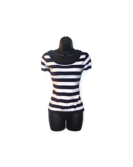 White and Blue Striped Nautical Button Bow Short Sleeved Sweater Tee Womens Clothing Large