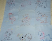 9 Vintage Hand Embroidered Quilt Squares, Animal Embroidery, Whimsey Nursury