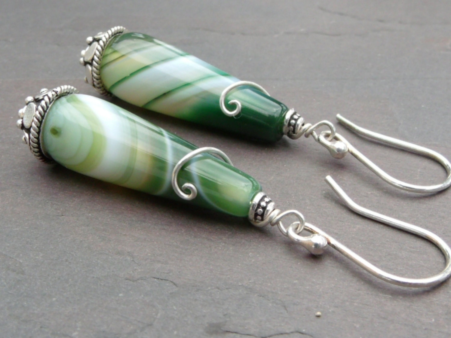 Simple Green Drops II - Green Agate and Sterling Silver Earrings