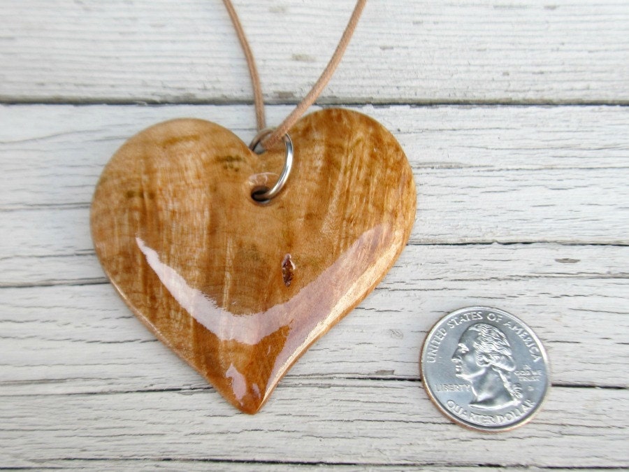 Large Wooden Heart Necklace - Maple Burl Wood - Women's Jewelry