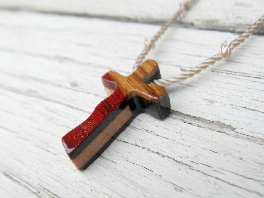 Wooden Guy's Cross Necklace - Ebony, Bloodwood, Maple & Zebrawood
