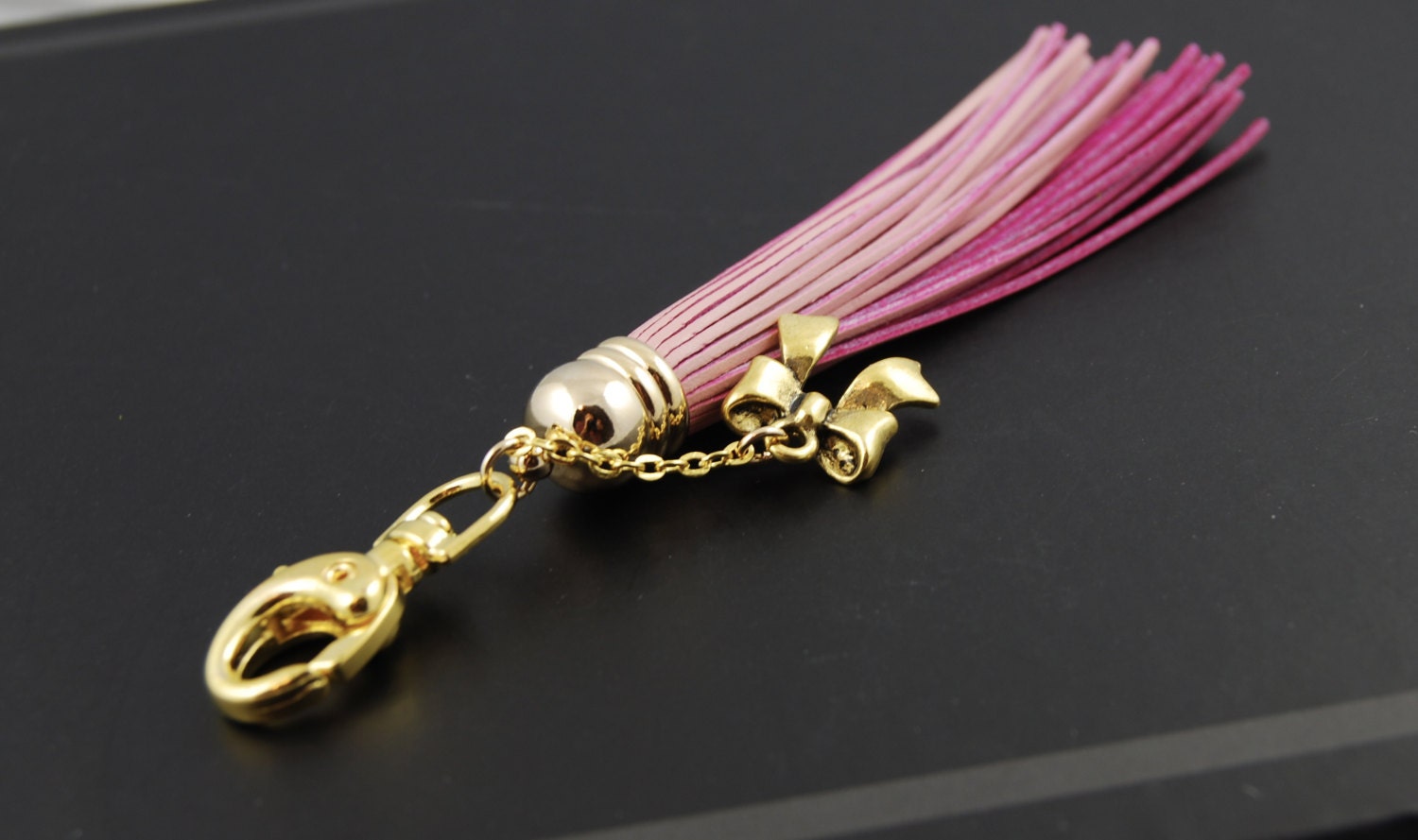 Leather Tassel Keychain, Pink,  Bow Key chain