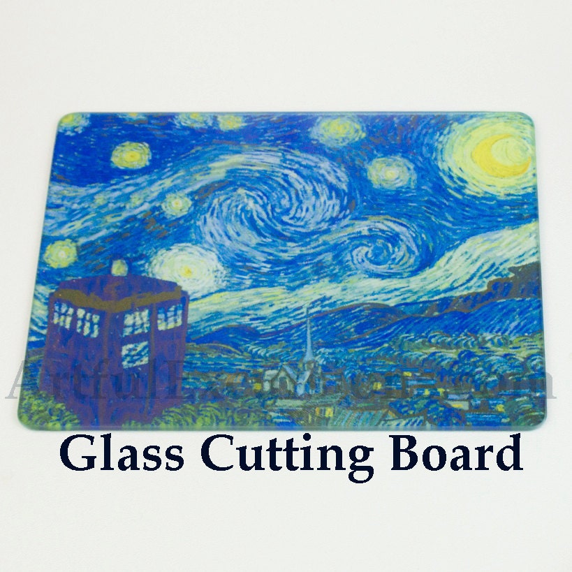 Doctor Who glass cutting board, Dr who Van Gogh Tardis Starry Night, Cafe Terrace, art tempered glass cutting board, Dr Who Name