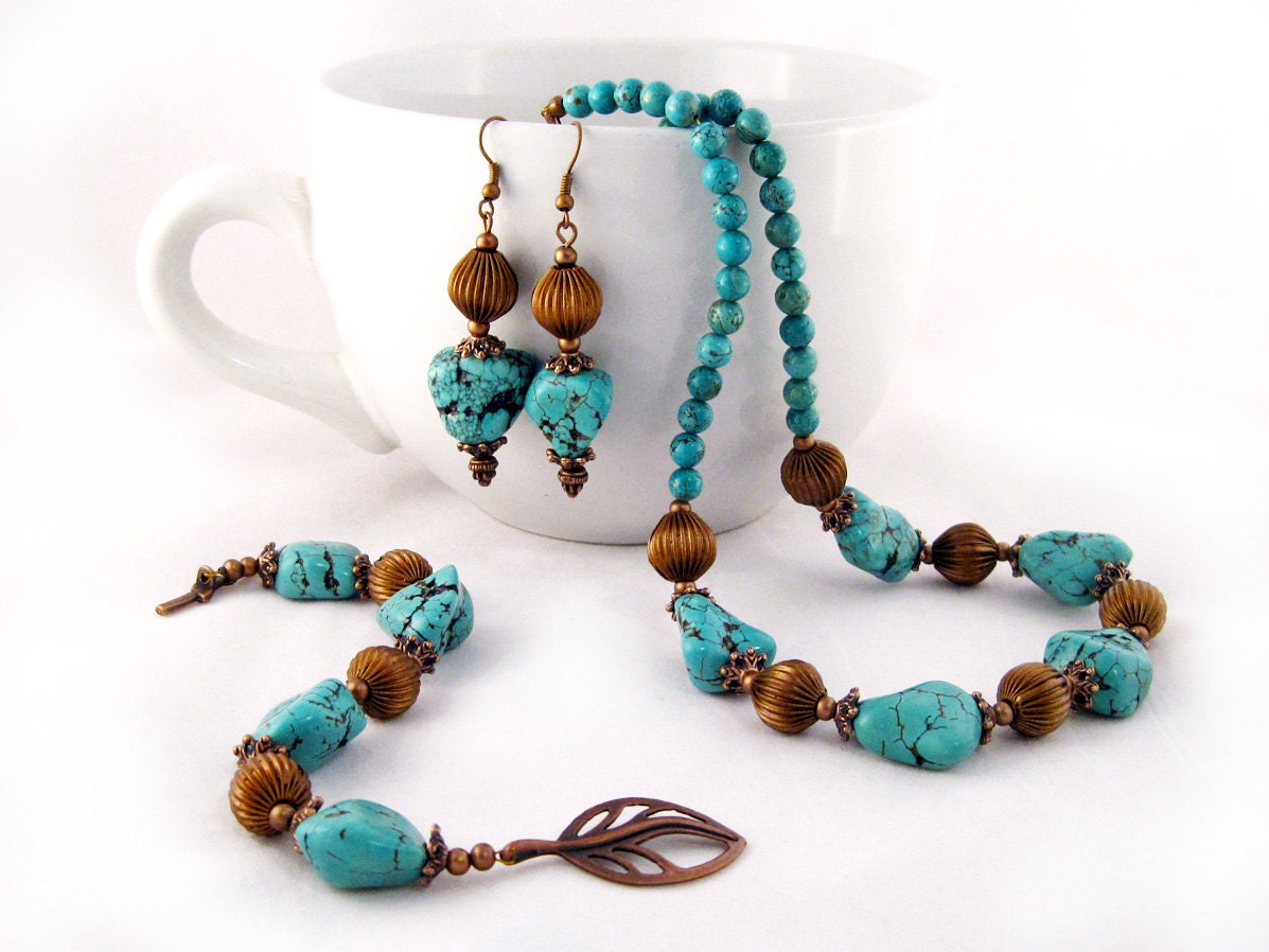 Turquoise Queen Set - howlite nugget, copper necklace, bracelet, and earrings