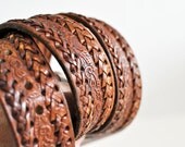 Vintage Leather Belt Embossed and Braided Brown 40