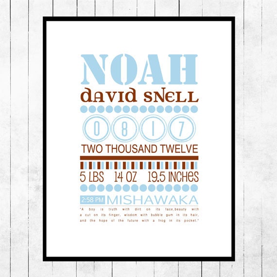 Personalized Birth Announcement 11x14 Art Giclee' Typography Baby Boy