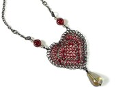 Hand Crochet Wire Magenta Hematite Czech Glass Bead Heart  Necklace by PrayerMonkey - PrayerMonkey