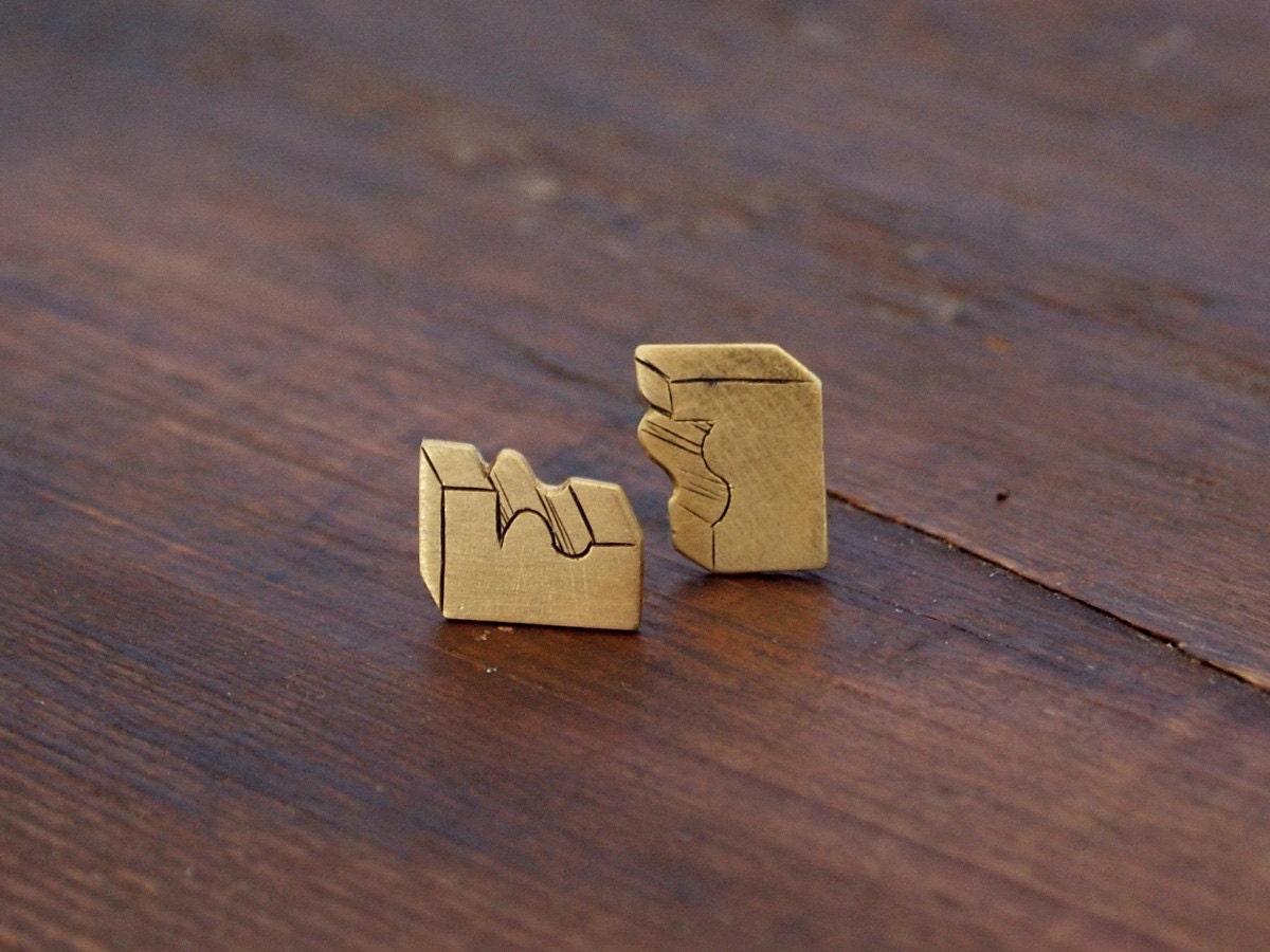 24 karat gold-plated hand engraved architectural fragment stud earrings