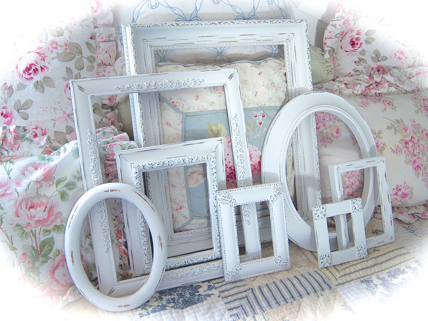 TREASURY ITEM Shabby Ornate Gesso White Roses Distressed Wedding Family Photo Picture FRAMES Set of 8 Cottage Chic