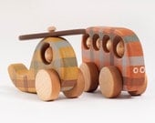 Wooden Toys set, orange Bus and yellow Helicopter