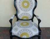 Black Antique parlor arm chair with large geometric circle fabric