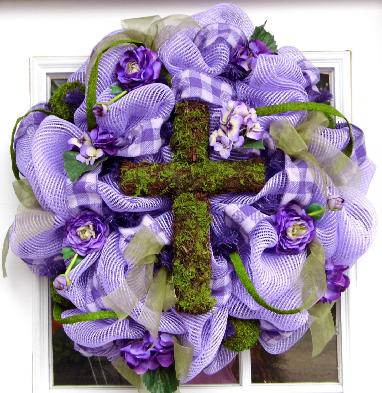 Moss Covered Cross Deco Mesh Wreath Spring/Easter