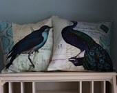Set of two pillow covers with peacock and blue bird. Lovely blues and emerald green.