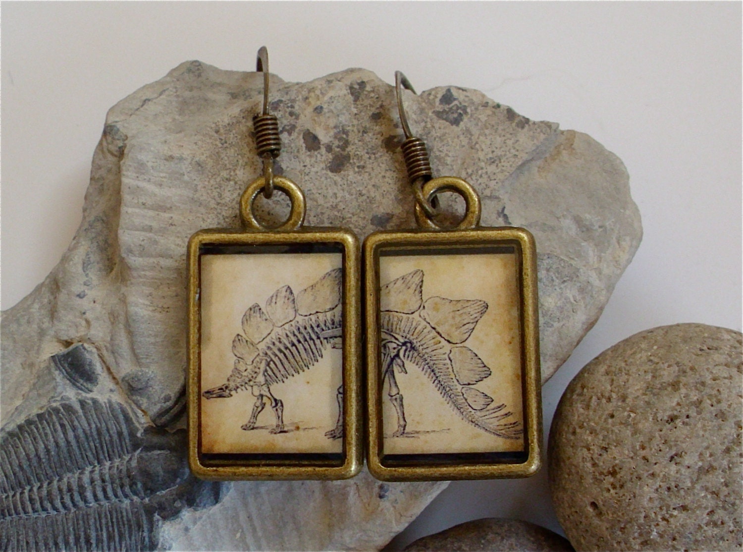 Dinosaur Dangle Earrings - Stegosaurus - DOUBLE-SIDED Antique Fossil Print Jewelry in Brass - Dino