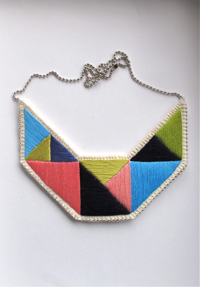 Embroidered statement necklace in lime green blues and pinks perfect for Summer