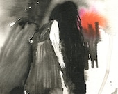 Small Original Black Ink Drawing Girl Turning Sideways Long Hair 'Walk' Mother's Day