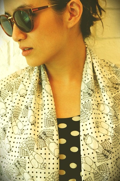 Black and White Macaw Satin Scarf/Shawl. Original Design by Kitsch Decors