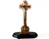 Large ANTIQUE french Standing CRUCIFIX Cross, Napoleon III Gold leaf  Ornate Metal filigree and Porcelain Biscuit