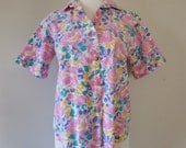 80's Gitano Shirt Pastel Rose Shaped Buttons Floral Print Cotton M L