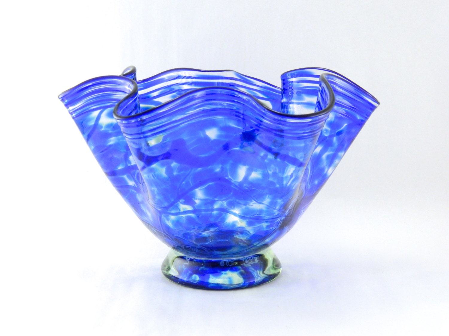 Hand Blown Art Glass Bowl - Freeform - Silver Blue Luster and Blue - Fluted