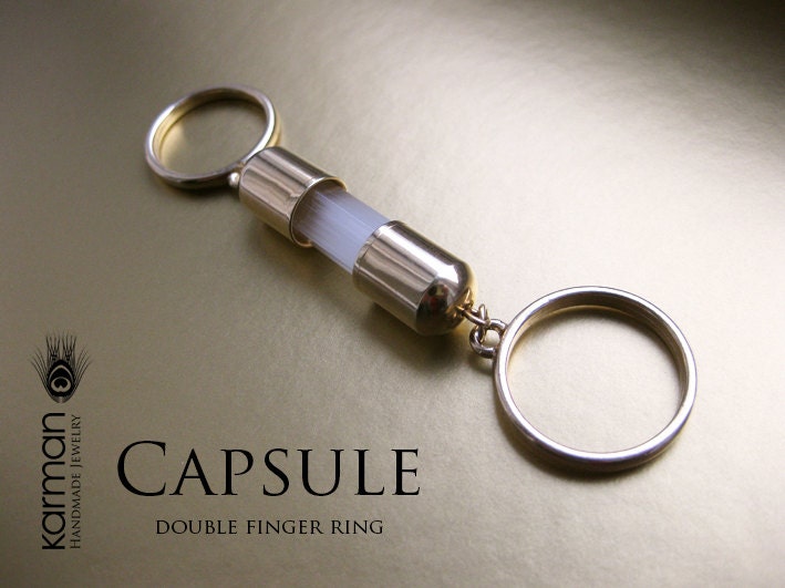 Capsule - Gold Tone Double Finger Ring with wonderful White Opal Czech Glass Hex Tube Bead.