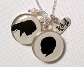 Mother's Day Necklace with Two Large Child or Pet Silhouette Pendants with Stamped heart and Pearl