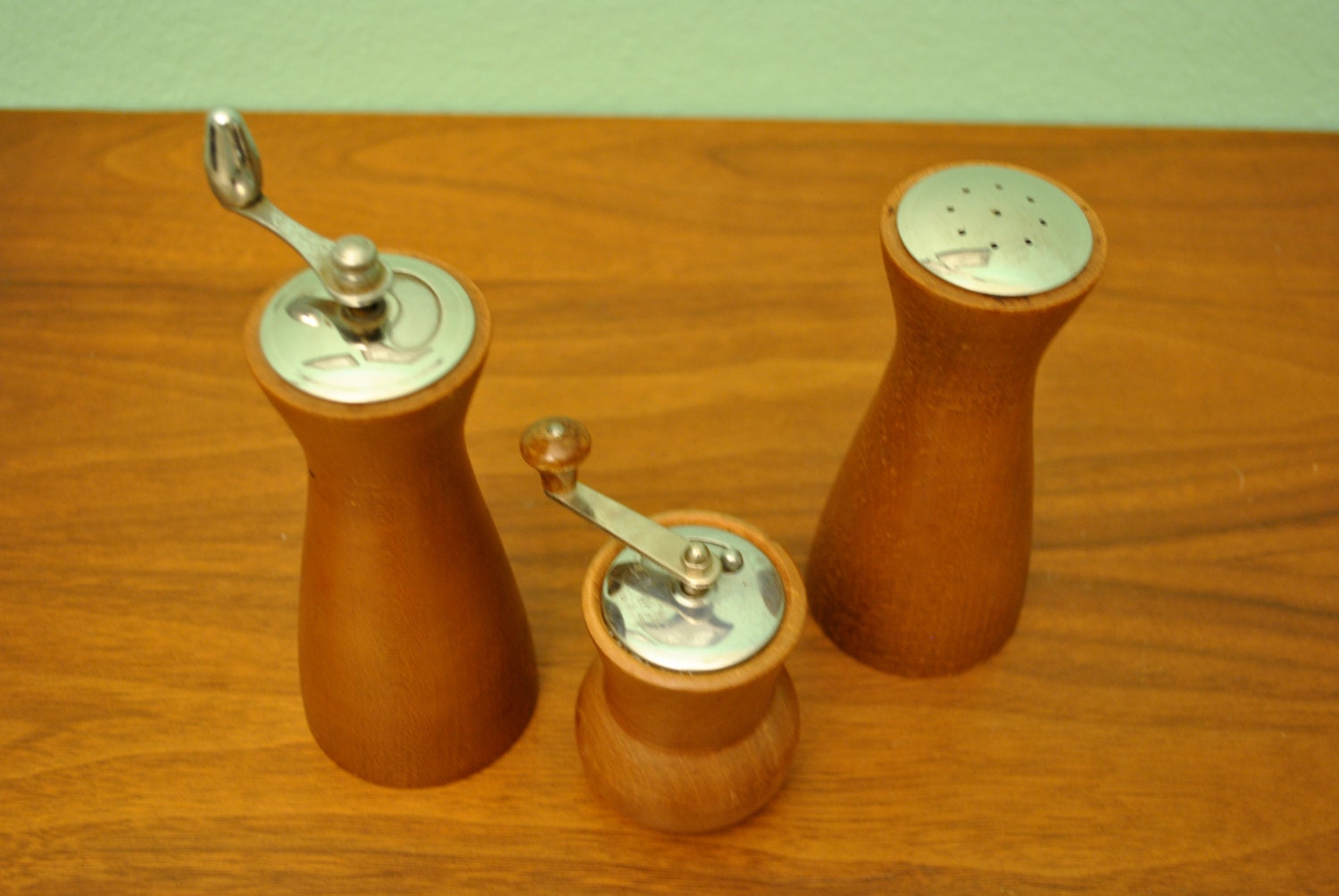 Set of 3 Vintage Pepper Grinders and Salt Shakers for your Mid Century Kitchen Rockabilly Home