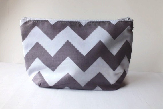 Makeup Bag, Camera bag, phone case, card holder Zipper Pouch Grey Chevron