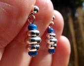 SALE -Blue and Silver Stack Leverback Stud Post- Hook Earwire - Beaded Drop Dangle Earring - Everyday Simple Jewelry - Gift For Her Under 10