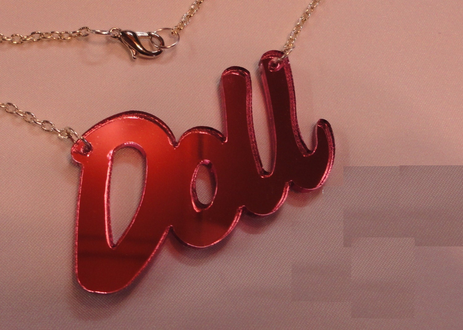 Sm PINK Mirror DOLL SCRIPT Necklace Pendant Silver Chain Punk Emo Doll