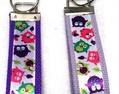 Colorful Tossed Owls, Key Fob, Wristlet, Key Ring, Key Chain, Lavender or Purple
