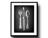 chalkboard art print chalk board home decor silverware kitchen black white 8x10 knife fork spoon