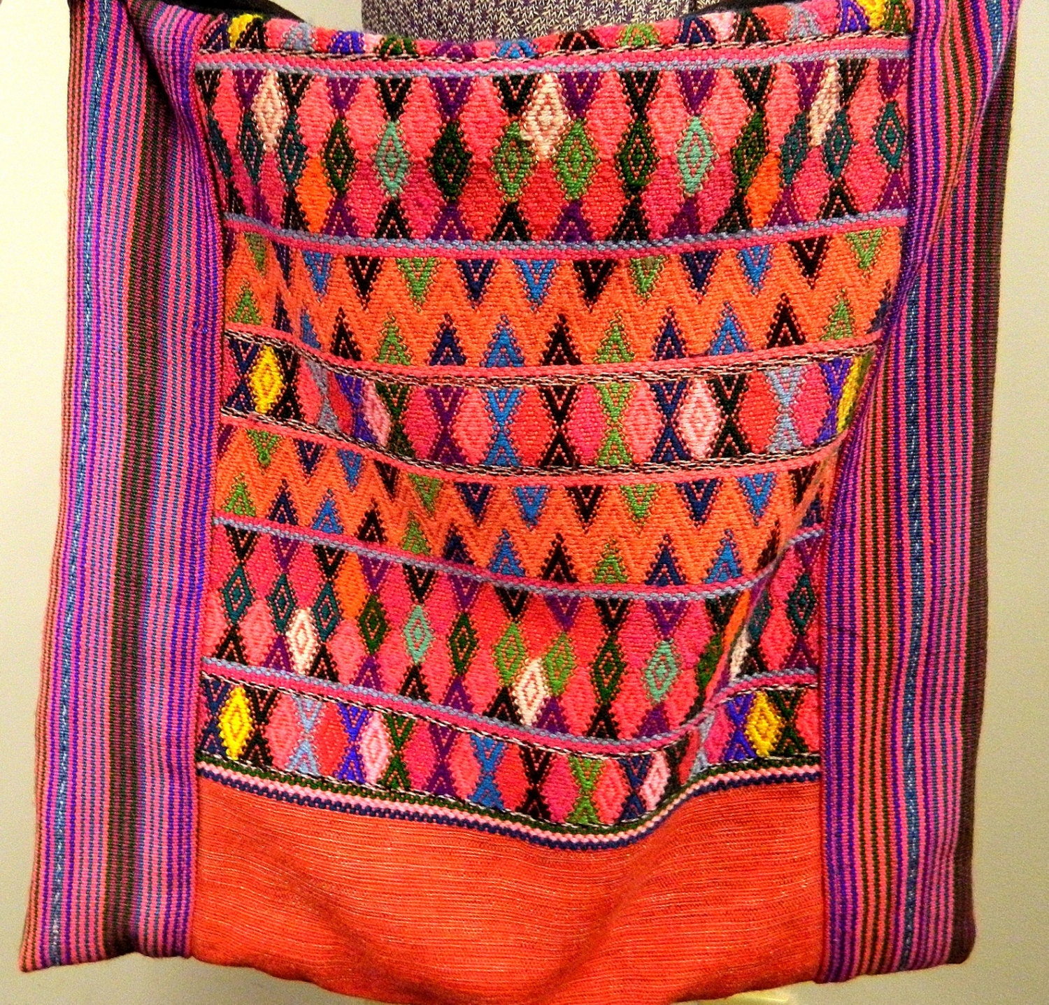 neon bold geometric cross body bag . embroidered ethnic thai . diamonds triangle mts in rainbow colors . beats and bohos
