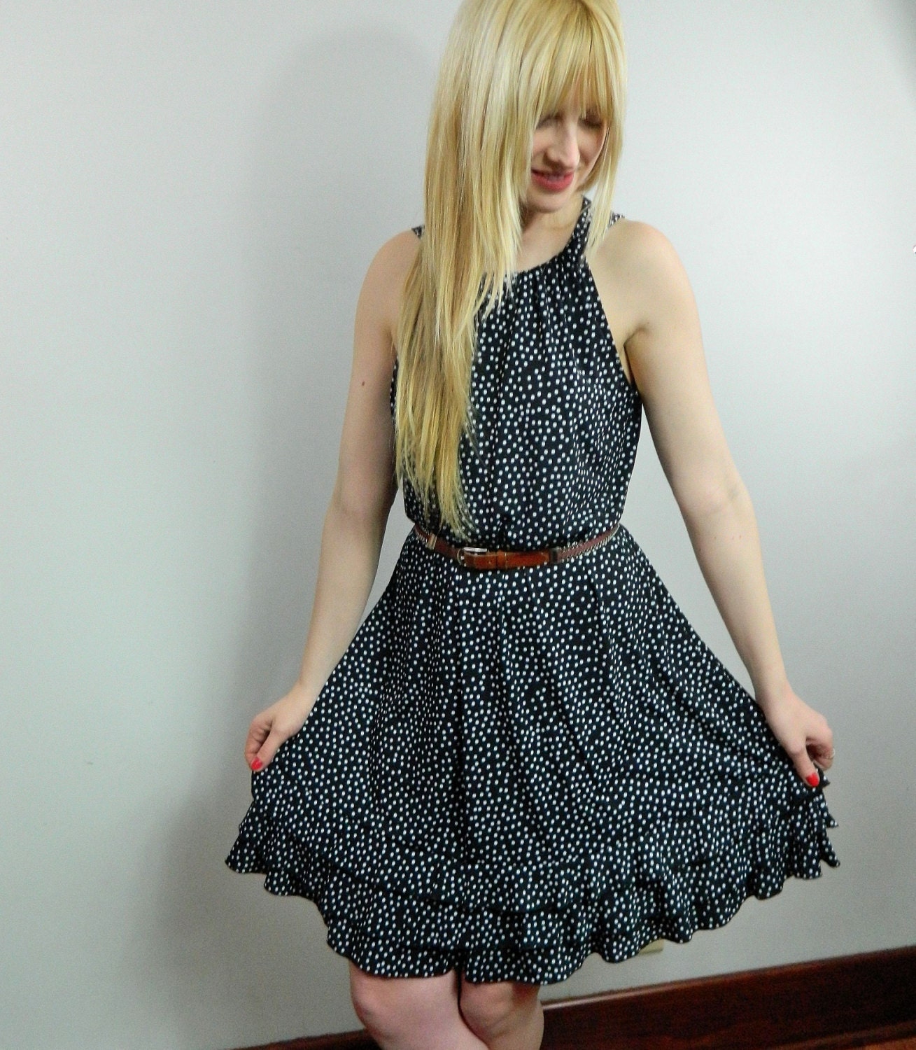 black and white polka dot  trapeze dress . A-Line . ruffles . drape rayon s/m