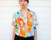 50% off summer SALE Vintage 80s Bright Abstract Pattern Elastic Waist Shirt Top