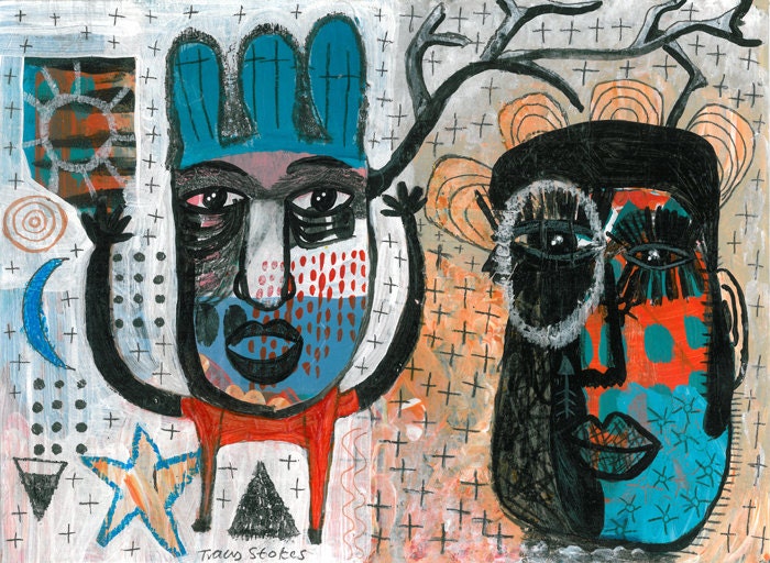 ELVIS & THE SANGOMA original painting - outsider art - raw - primitive - naive - contemporary - mixed media