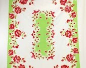 Vintage Red & Green Floral Rose Print Tablecloth