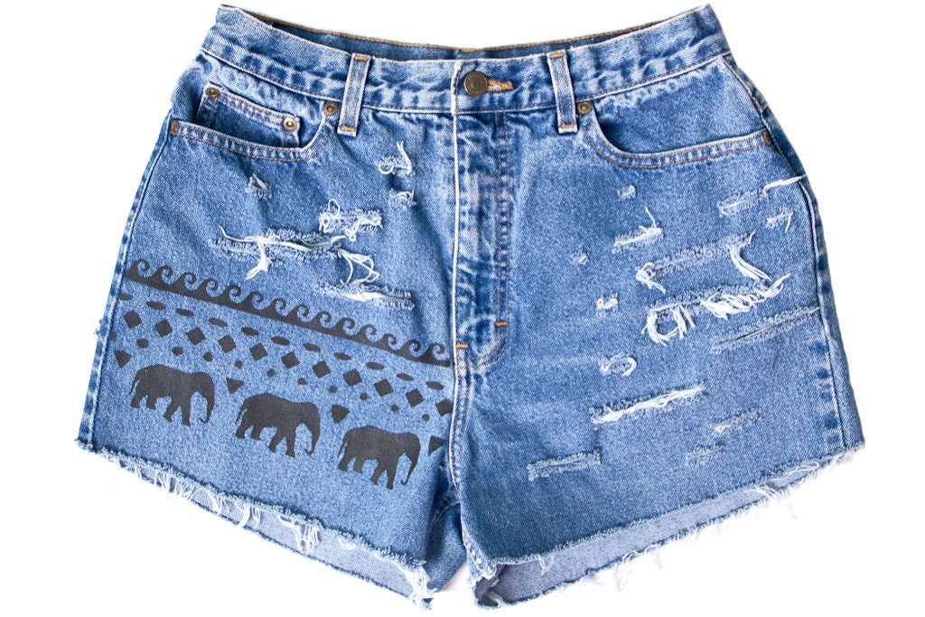 Tribal Aztec Elephant Waves Shorts Hand Painted Vintage Distressed High Waisted Denim Boho Coachella Hipster Small Medium W28