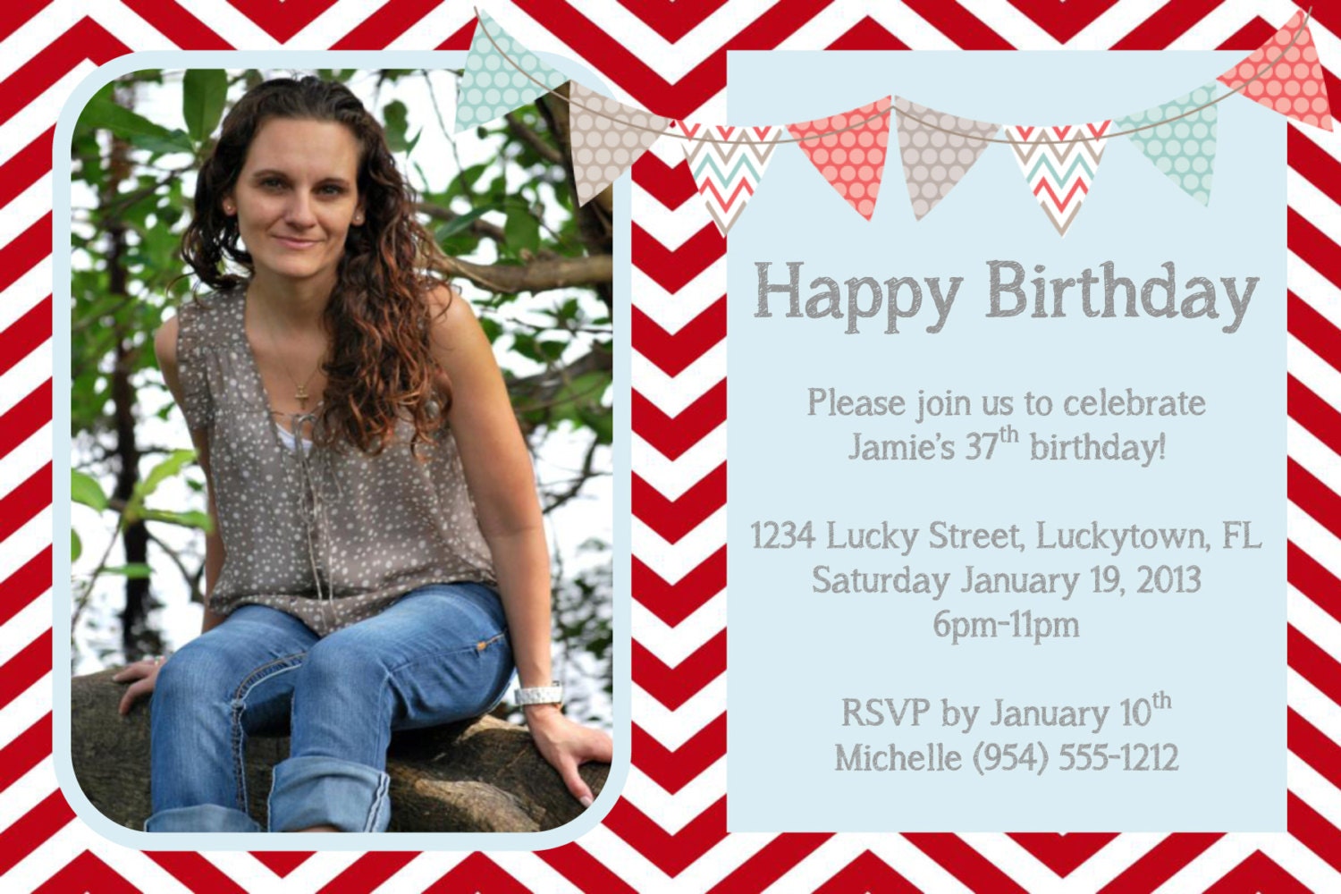 Red Chevron Birthday Invitation Template 4x6