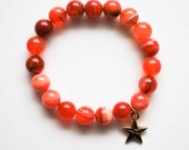 SALE Men's Bracelet - Orange Botswana Agate - Gold Skull Charm