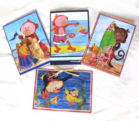 SALE Beach Themed Cards, Hawaiian Greeting Card, Monkey and Chicken, 5x7 Cards