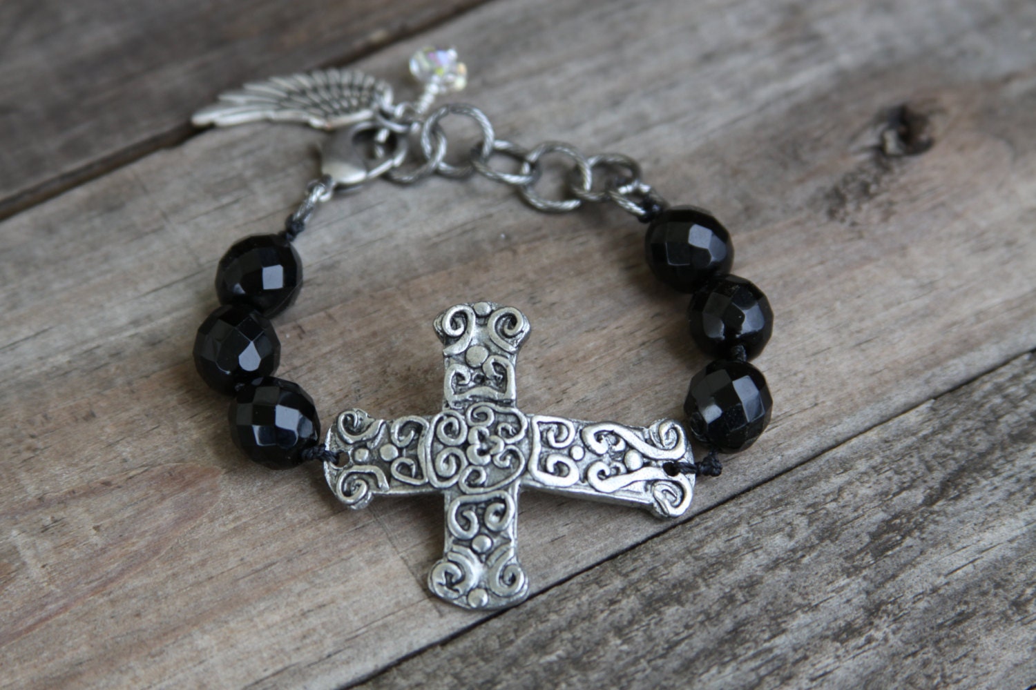 Sideways Cross Bracelet, Black, Czech, Hand knotted, Angel wing, Religious, Spiritual