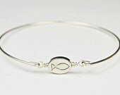 Sterling Silver Bangle Bracelet- Reversible Christian Fish/Jesus Pewter Bead and Sterling Silver Filled Wire- Custom Made to Size